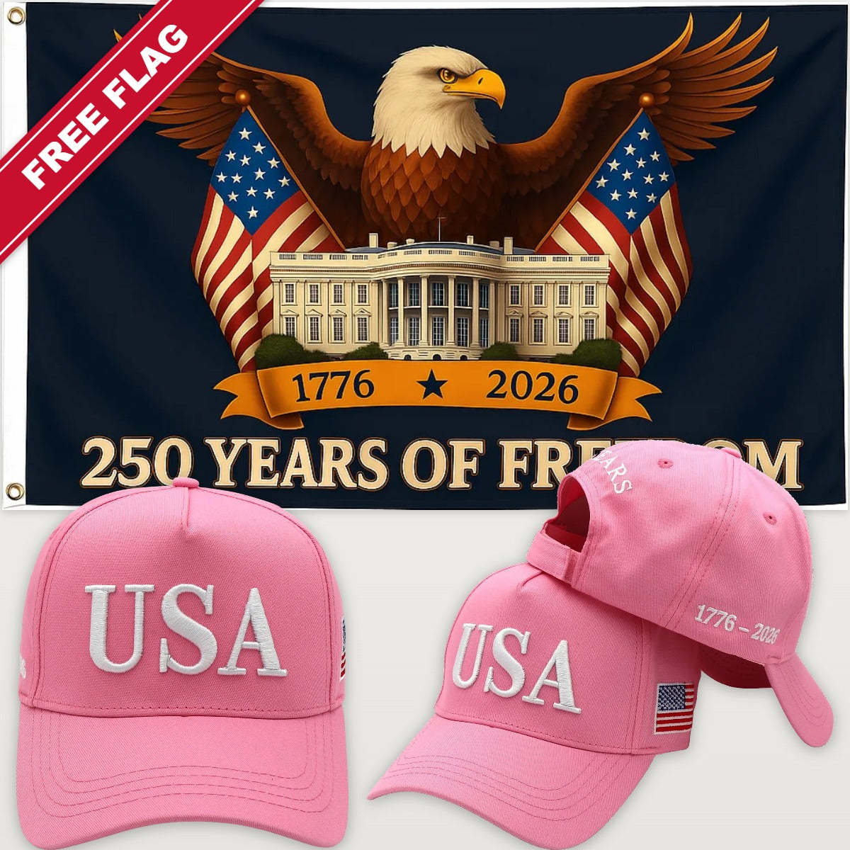 Pink USA Hat + Eagle & White House Flag - USA 250th Hat & Flag Bundle