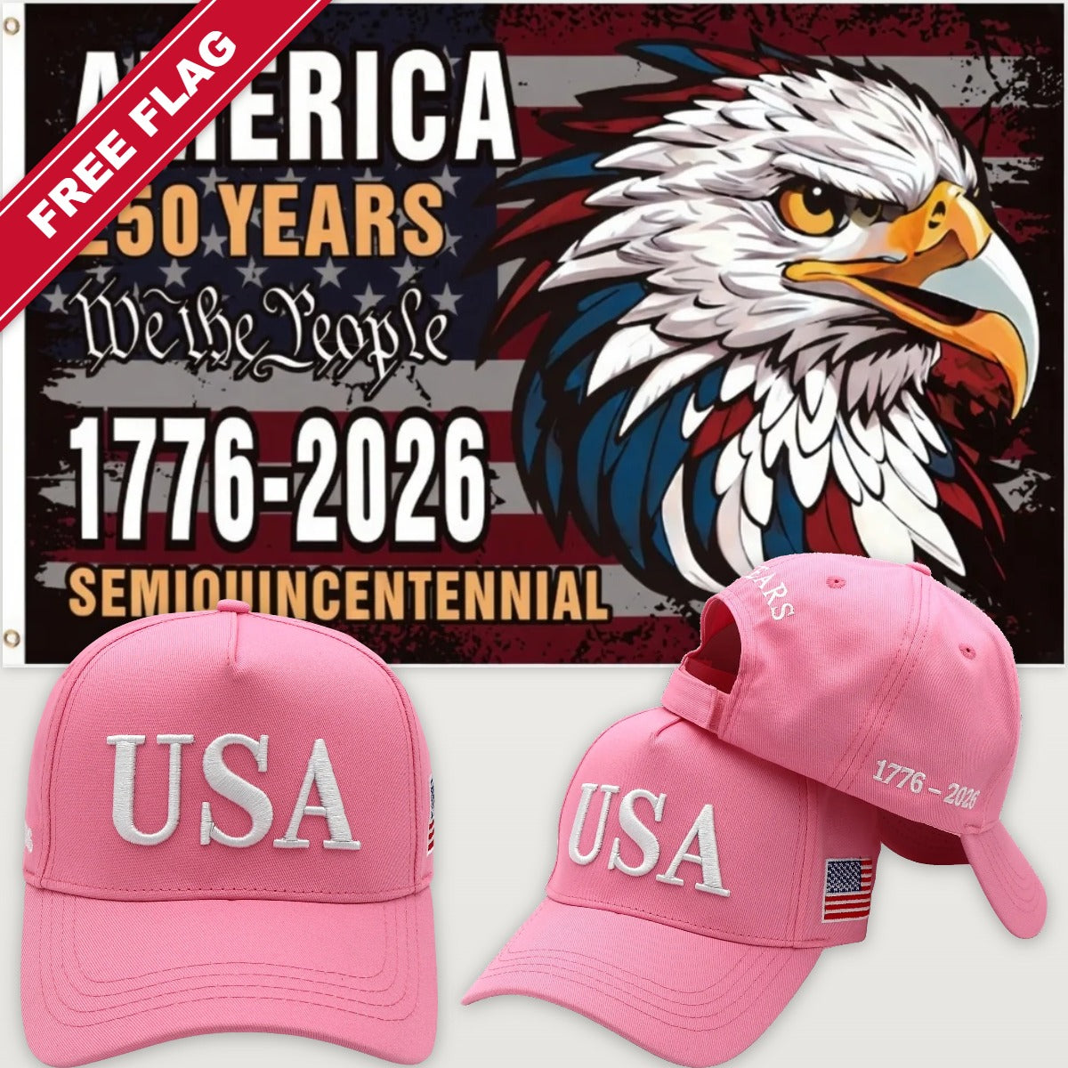 Pink USA Hat + Semiquincentennial Eagle Flag - USA 250th Hat & Flag Bundle