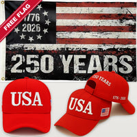 Red USA Hat + 250 Years Distressed Flag - USA 250th Hat & Flag Bundle