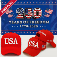 Red USA Hat + 250 Years of Freedom Flag (Blue) - USA 250th Hat & Flag Bundle