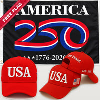 Red USA Hat + America 250 Flag (Black) - USA 250th Hat & Flag Bundle