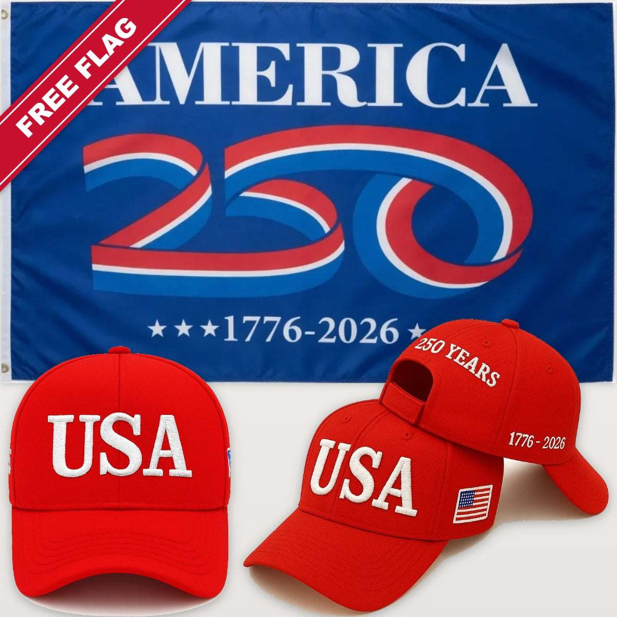Red USA Hat + America 250 Flag (Blue) - USA 250th Hat & Flag Bundle