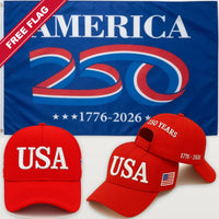 Red USA Hat + America 250 Flag (Blue) - USA 250th Hat & Flag Bundle