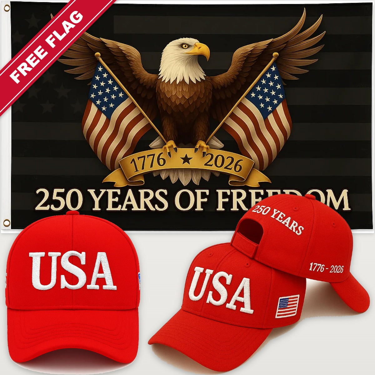 Red USA Hat + Black Eagle 250 Years of Freedom Flag - USA 250th Hat & Flag Bundle