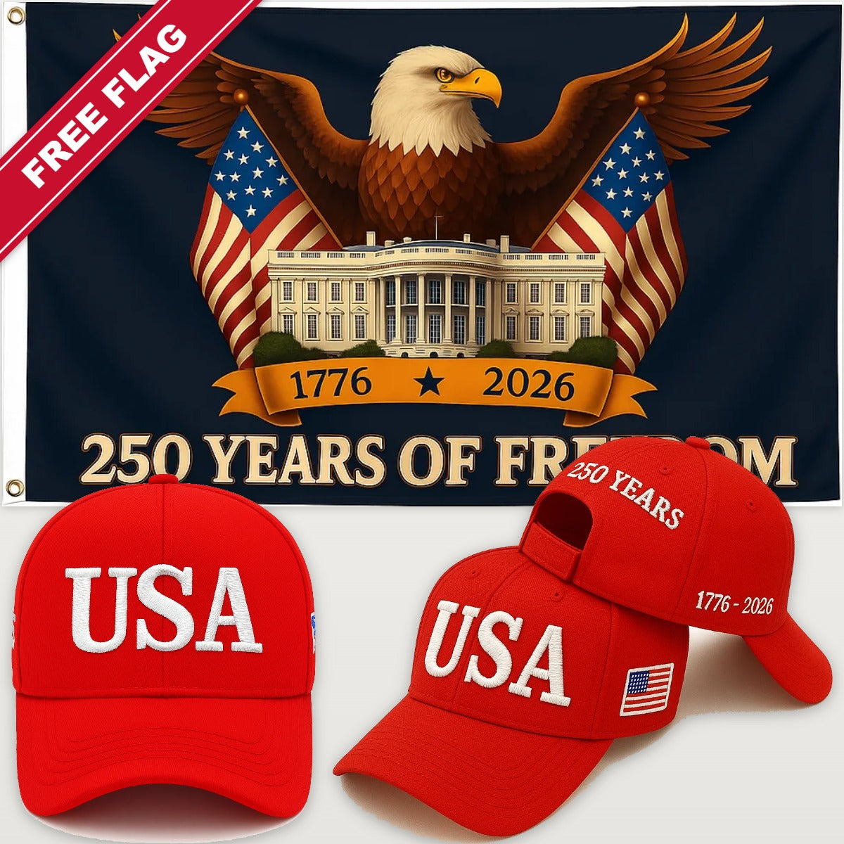Red USA Hat + Eagle & White House Flag - USA 250th Hat & Flag Bundle