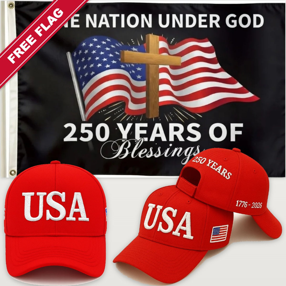 Red USA Hat + One Nation Under God Flag - USA 250th Hat & Flag Bundle