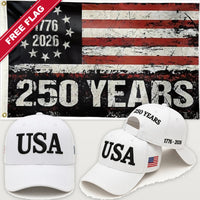 White USA Hat + 250 Years Distressed Flag - USA 250th Hat & Flag Bundle