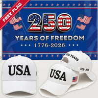 White USA Hat + 250 Years of Freedom Flag (Blue) - USA 250th Hat & Flag Bundle