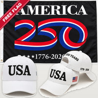 White USA Hat + America 250 Flag (Black) - USA 250th Hat & Flag Bundle