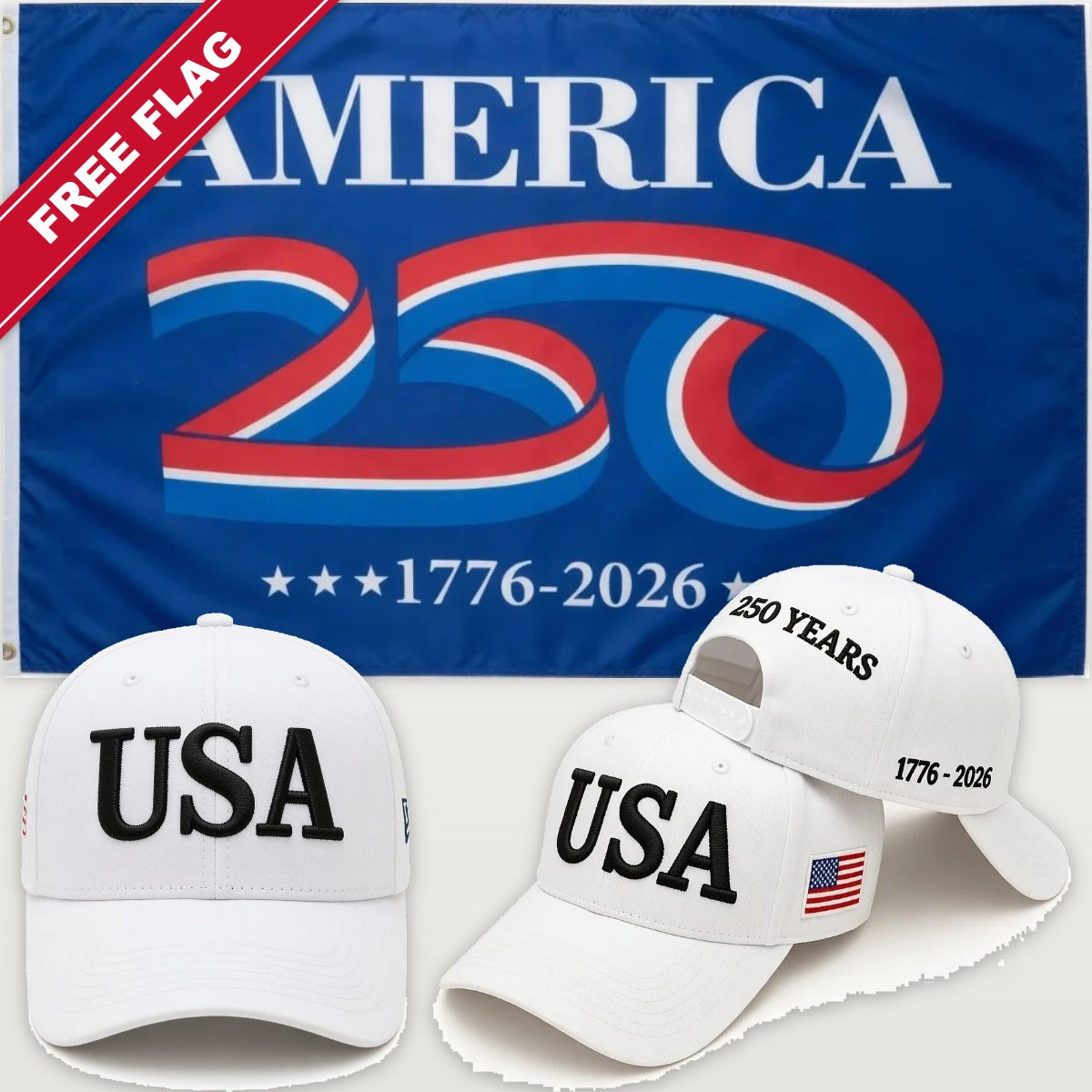 White USA Hat + America 250 Flag (Blue) - USA 250th Hat & Flag Bundle