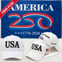 White USA Hat + America 250 Flag (Blue) - USA 250th Hat & Flag Bundle