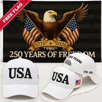 White USA Hat + Black Eagle 250 Years of Freedom Flag - USA 250th Hat & Flag Bundle