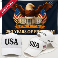 White USA Hat + Eagle & White House Flag - USA 250th Hat & Flag Bundle