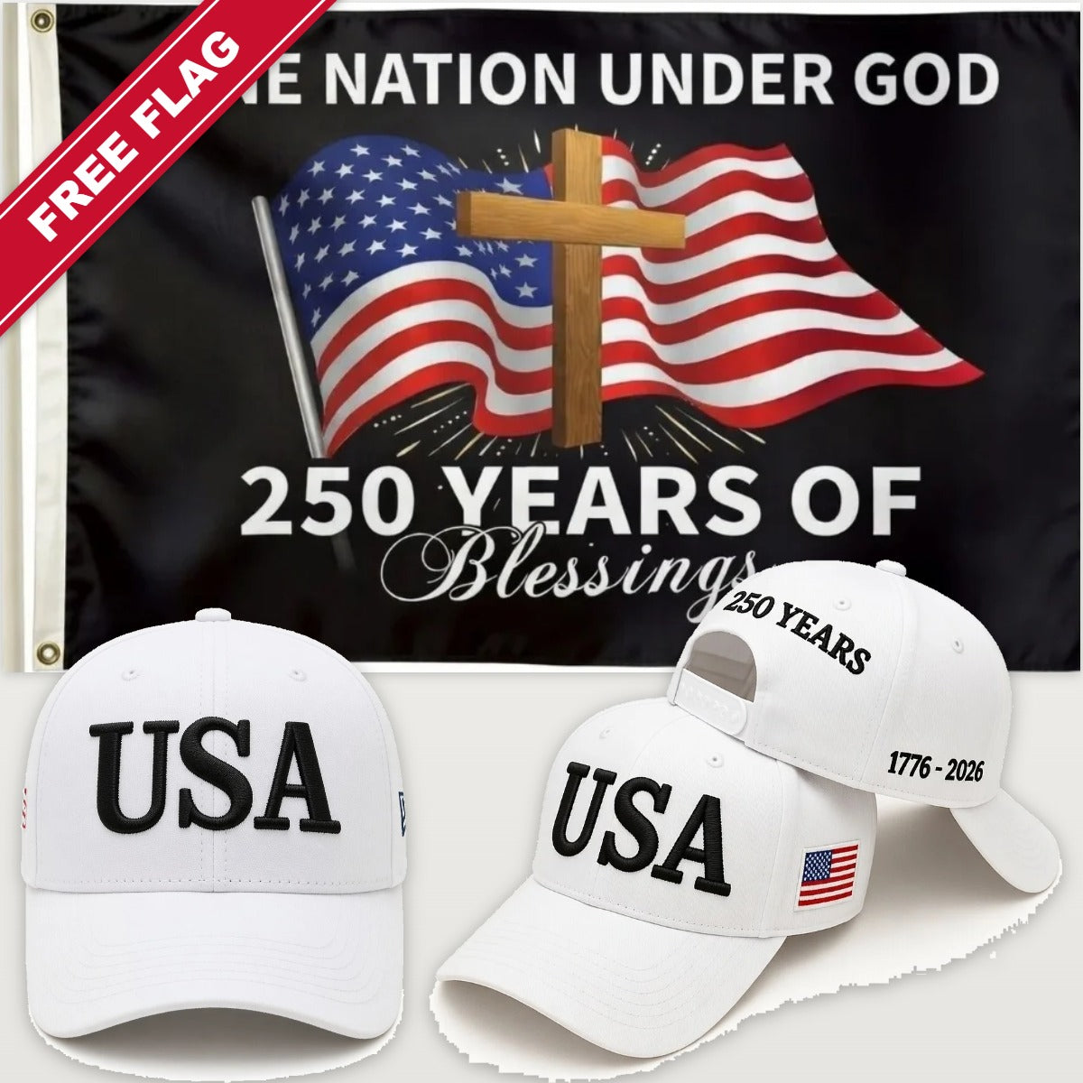 White USA Hat + One Nation Under God Flag - USA 250th Hat & Flag Bundle