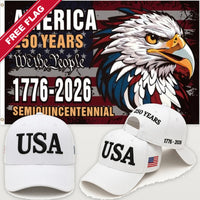 White USA Hat + Semiquincentennial Eagle Flag - USA 250th Hat & Flag Bundle