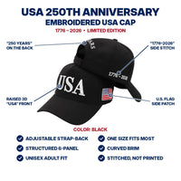 USA 250th Anniversary Embroidered Cap - Black - features infographic