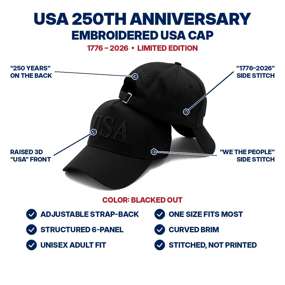 USA 250th Anniversary Embroidered Cap - Blacked Out - features infographic