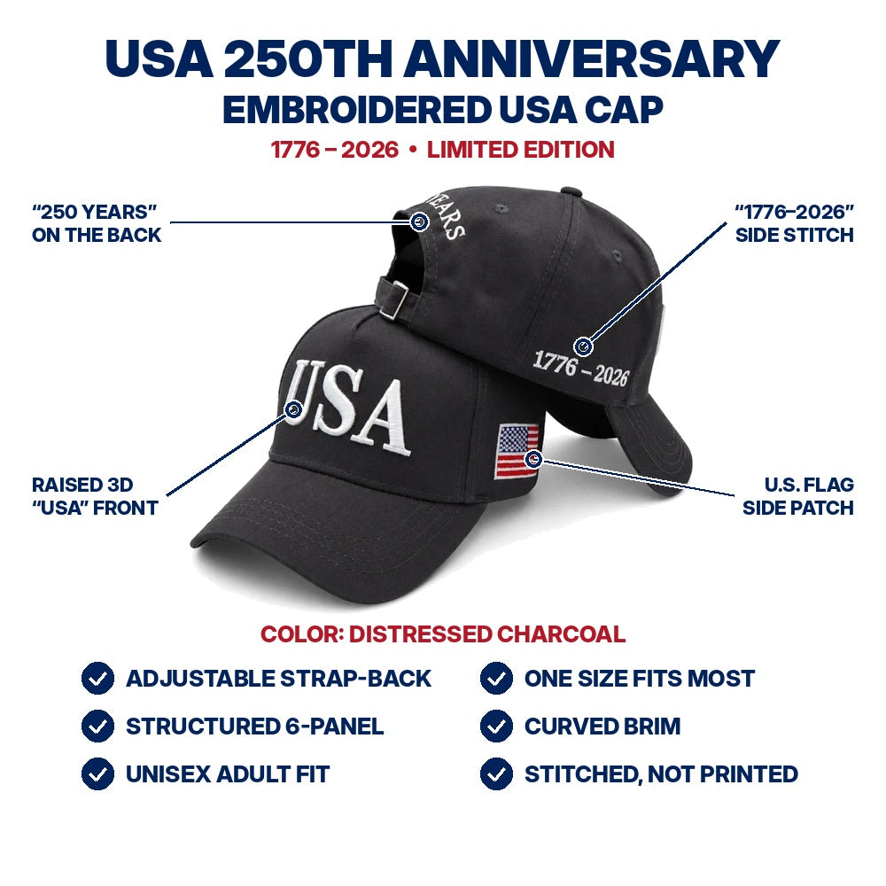 USA 250th Anniversary Embroidered Cap - Distressed Charcoal - features infographic