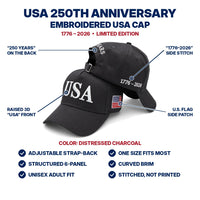 USA 250th Anniversary Embroidered Cap - Distressed Charcoal - features infographic
