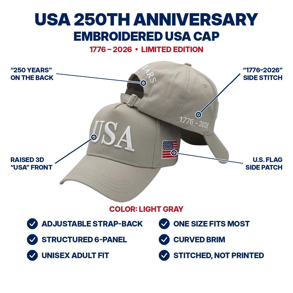 USA 250th Anniversary Embroidered Cap - Light Gray - features infographic