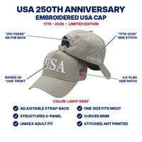 USA 250th Anniversary Embroidered Cap - Light Gray - features infographic