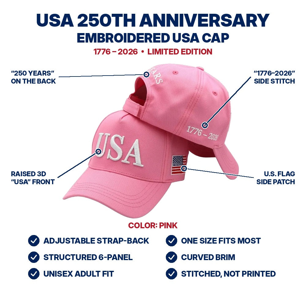 USA 250th Anniversary Embroidered Cap - Pink - features infographic