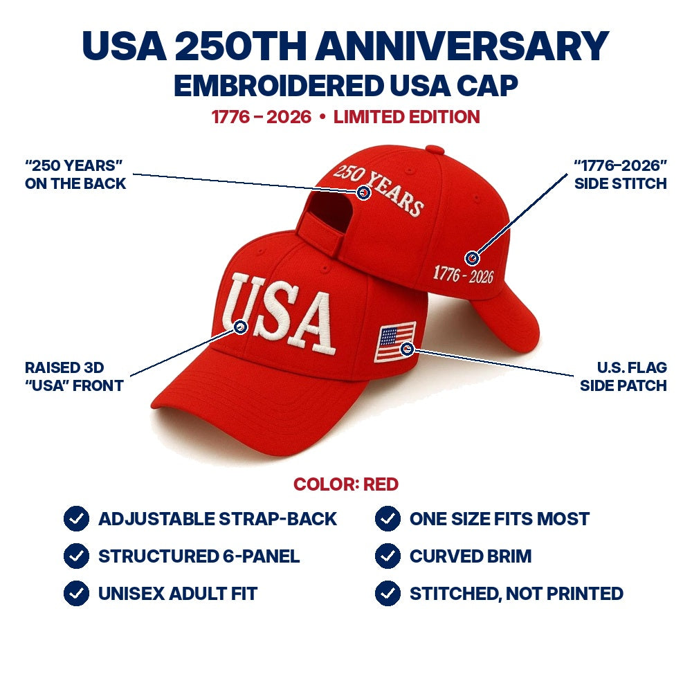 USA 250th Anniversary Embroidered Cap - Red - features infographic