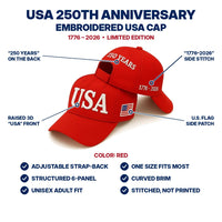 USA 250th Anniversary Embroidered Cap - Red - features infographic