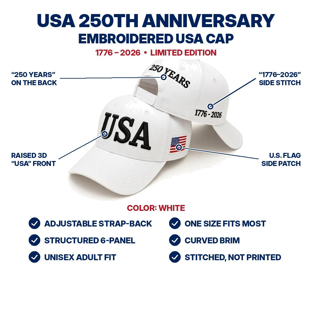 USA 250th Anniversary Embroidered Cap - White - features infographic