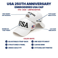 USA 250th Anniversary Embroidered Cap - White - features infographic