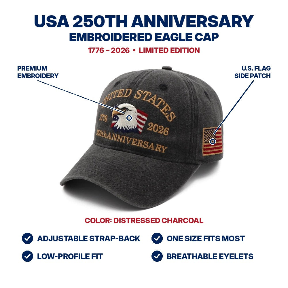 USA 250th Anniversary Eagle Cap - Distressed Charcoal - features infographic