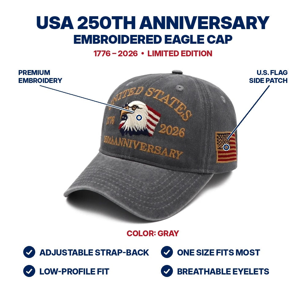 USA 250th Anniversary Eagle Cap - Gray - features infographic