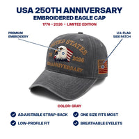 USA 250th Anniversary Eagle Cap - Gray - features infographic