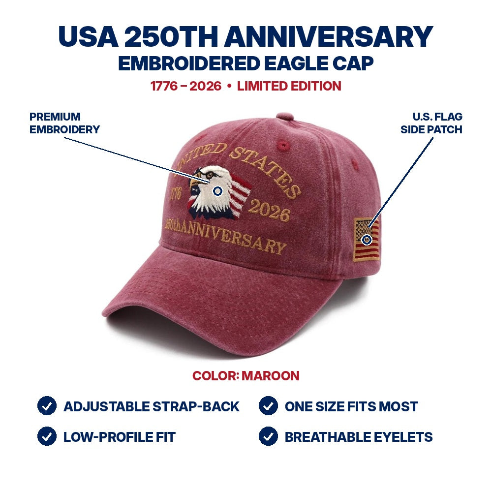 USA 250th Anniversary Eagle Cap - Maroon - features infographic