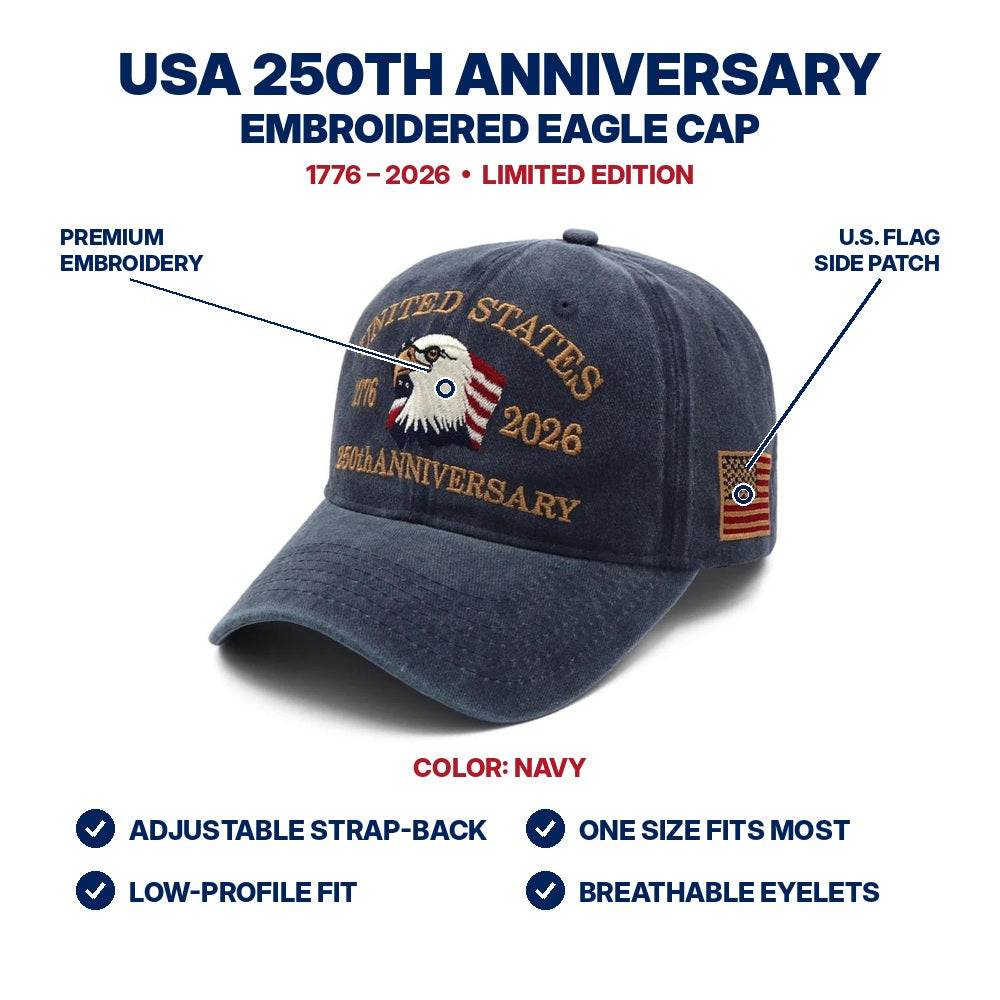 USA 250th Anniversary Eagle Cap - Navy - features infographic