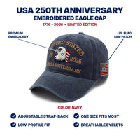 USA 250th Anniversary Eagle Cap - Navy - features infographic