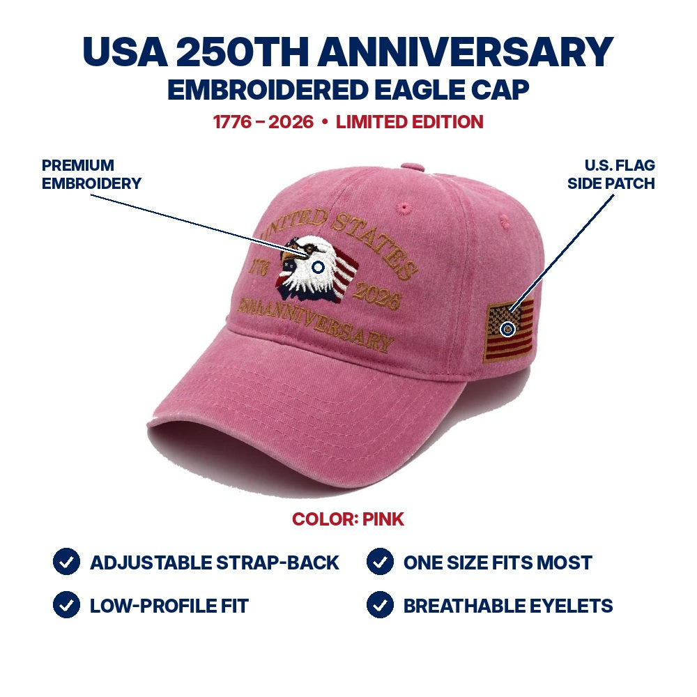 USA 250th Anniversary Eagle Cap - Pink - features infographic