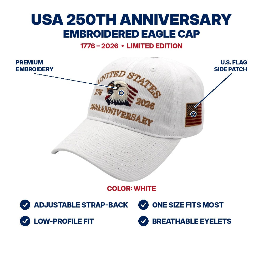 USA 250th Anniversary Eagle Cap - White - features infographic