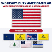 3x5 heavy-duty American flag with embroidered stars and sewn stripes plus choice of 1 free 3x5 flag – Alaska