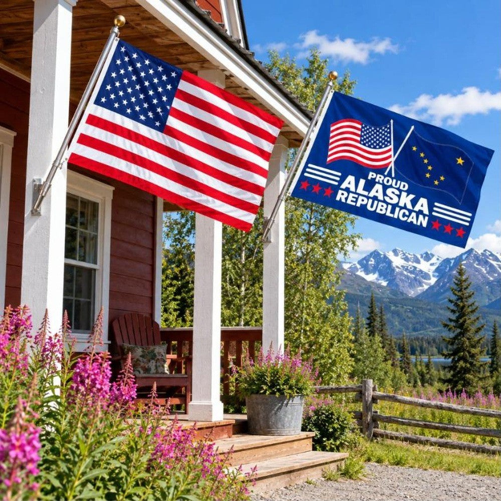 American flag and Proud Alaska Republican flag flying side by side outdoors