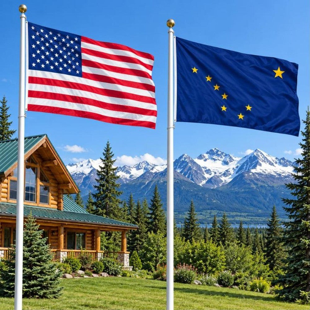 American flag and Alaska State Flag flying side by side outdoors