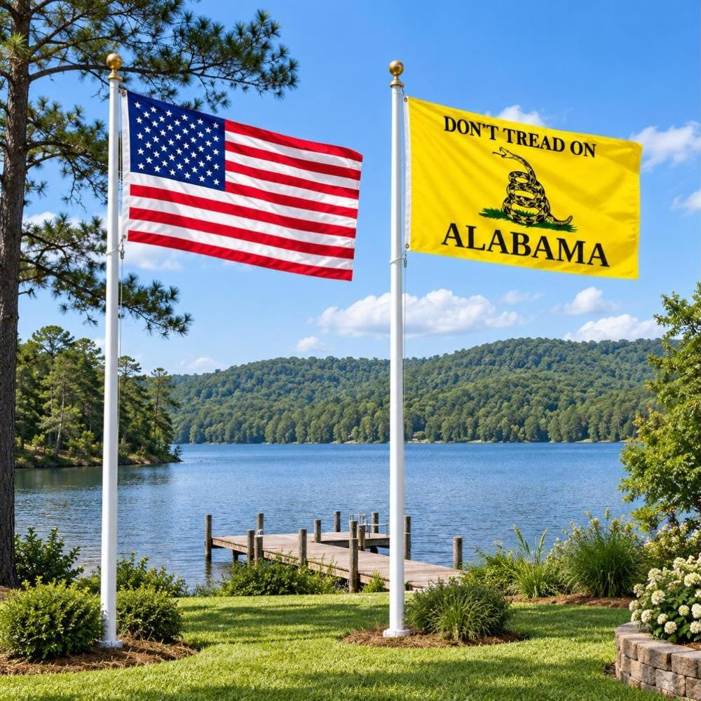 American flag and Don't Tread on Alabama flag flying side by side outdoors