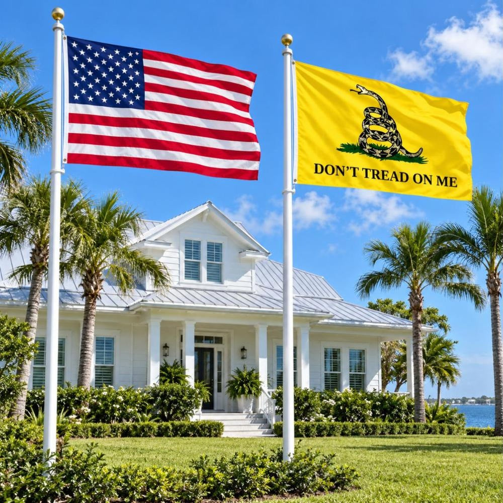 American flag and Don't Tread on Me (Gadsden) flag flying side by side outdoors