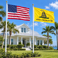 American flag and Don't Tread on Me (Gadsden) flag flying side by side outdoors