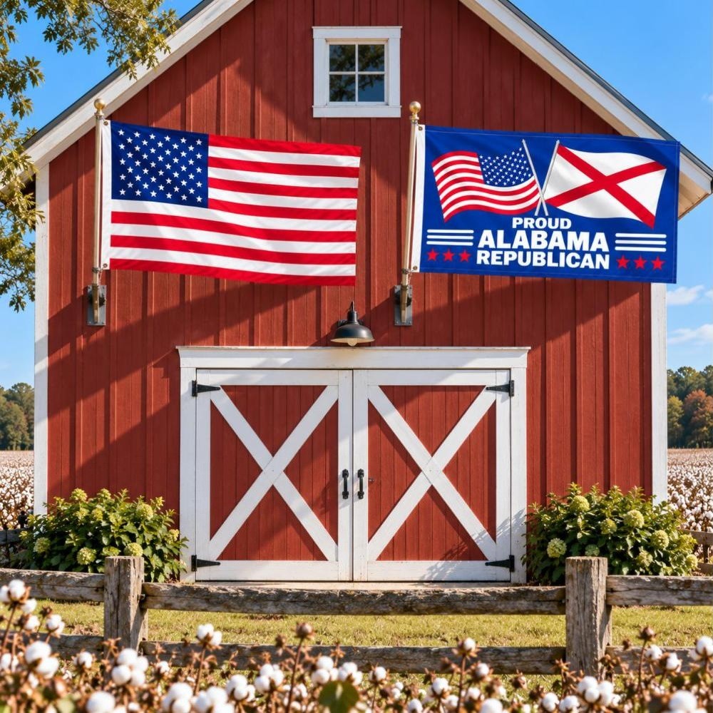 American flag and Proud Alabama Republican flag flying side by side outdoors