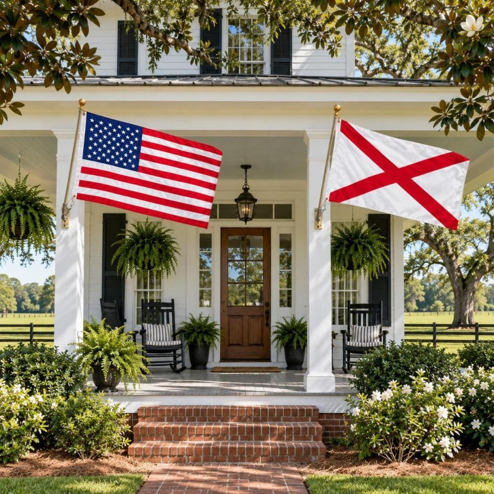 American flag and Alabama State Flag flying side by side outdoors