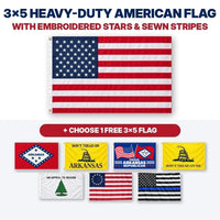 3x5 heavy-duty American flag with embroidered stars and sewn stripes plus choice of 1 free 3x5 flag – Arkansas