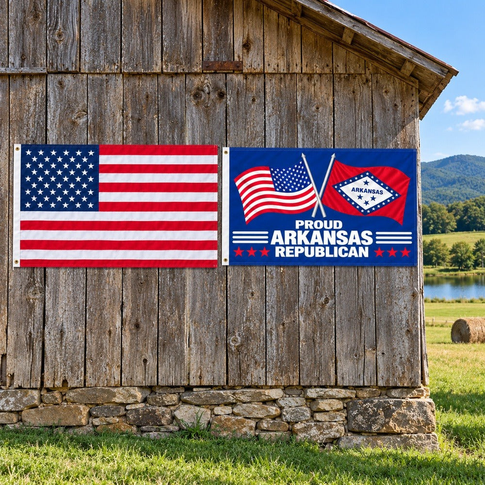 American flag and Proud Arkansas Republican flag flying side by side outdoors