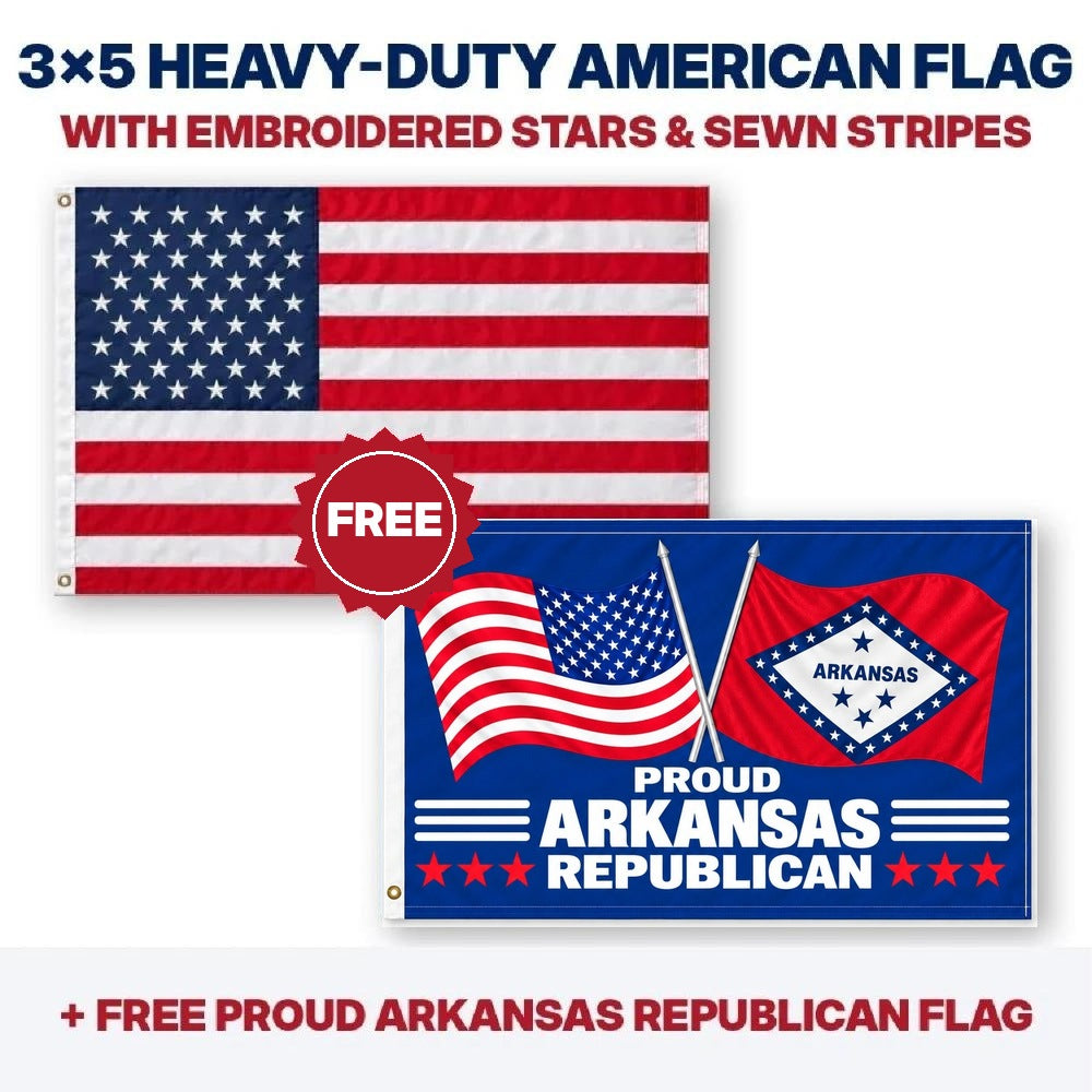 3x5 heavy-duty American flag plus FREE Proud Arkansas Republican flag