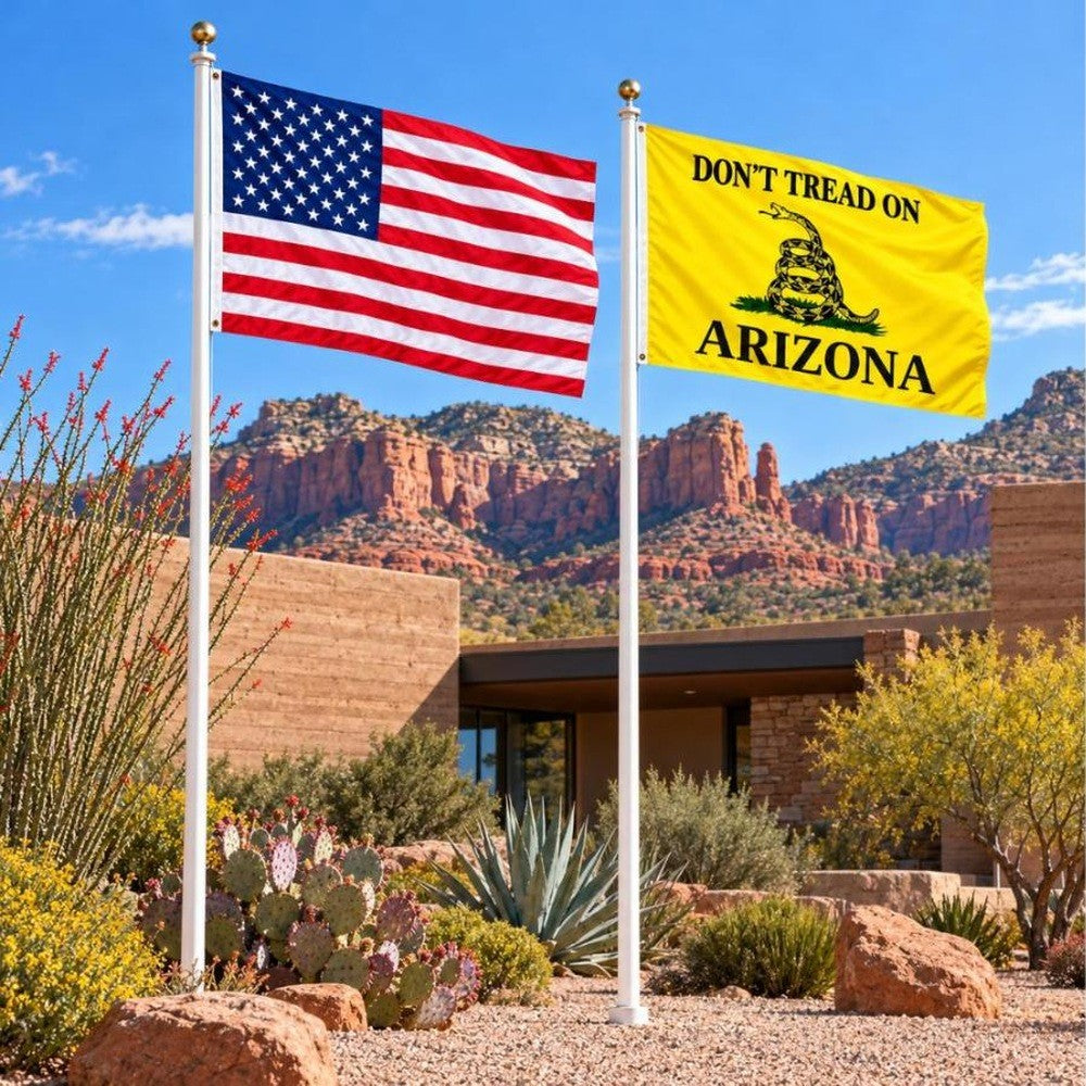 American flag and Don't Tread on Arizona flag flying side by side outdoors